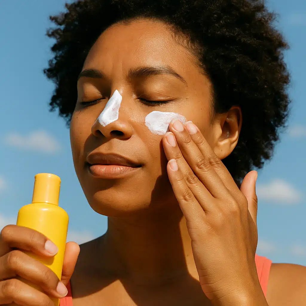Person applying sunscreen to face in natural outdoor lighting, diverse skin tone representation, bright sunny day with blue sky background, lifestyle photography style showing proper sun protection application technique