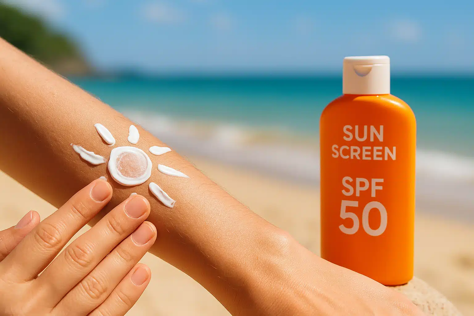 Sunscreen being applied to arm with sunny beach or outdoor setting blurred in background, SPF bottle visible, bright daylight, summer protection concept