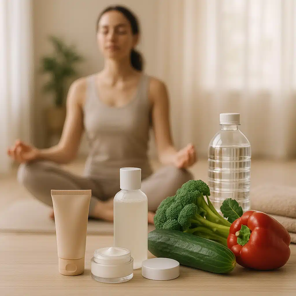 Peaceful self-care scene with skincare products, fresh vegetables, water bottle, and person meditating in background, soft natural lighting, wellness lifestyle composition emphasizing holistic skin health approach, calming spa-like atmosphere