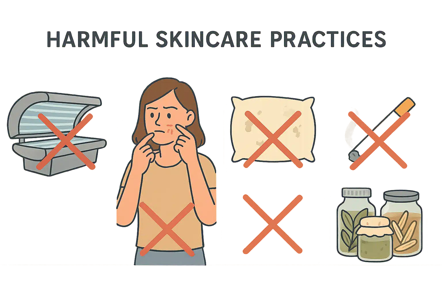 Side-by-side comparison showing harmful skincare practices crossed out in red - tanning bed, picking at skin, unwashed pillowcase, cigarettes, and questionable home remedies - educational warning style graphic with clear visual communication