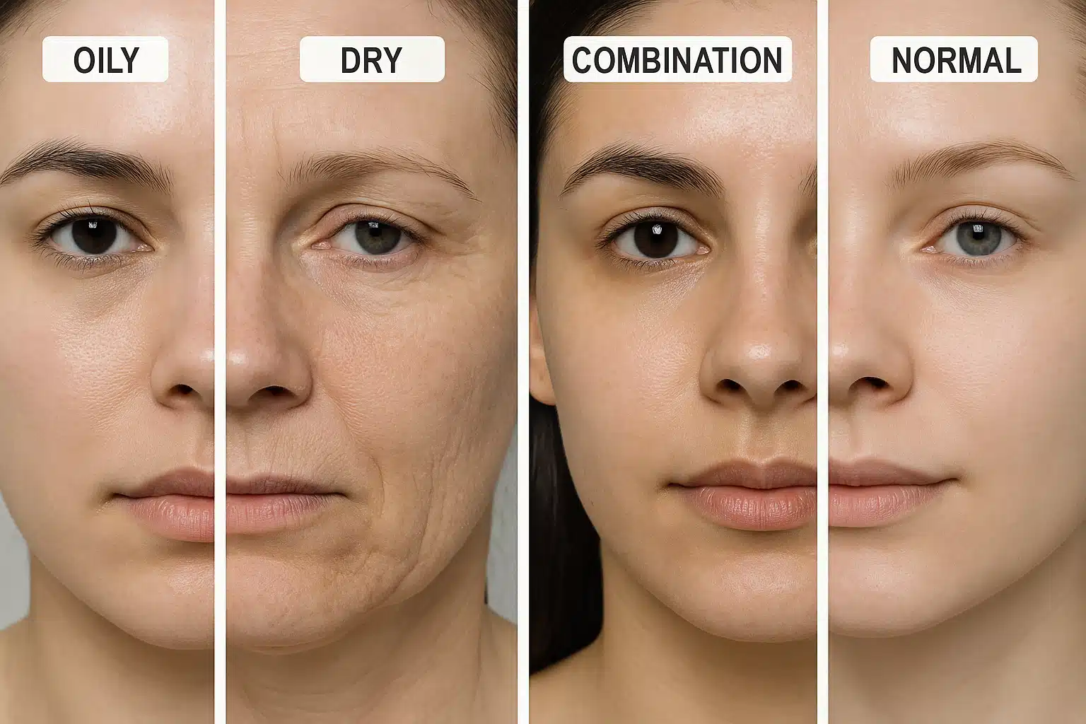 Split image showing four different skin types side by side: oily, dry, combination, and normal skin textures, clinical photography style, educational skincare comparison