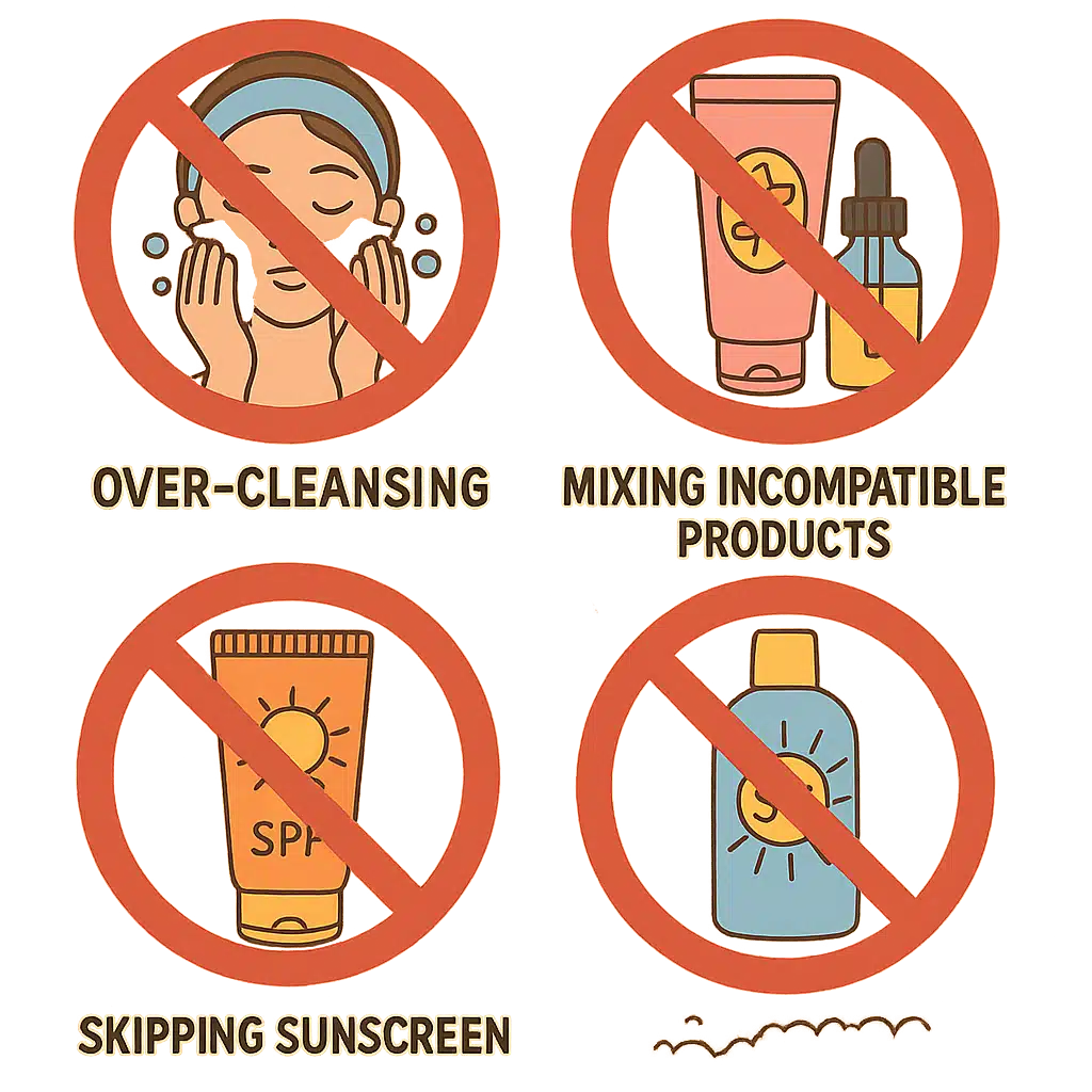 Crossed-out symbols over common skincare mistakes: over-cleansing, mixing incompatible products, skipping sunscreen, illustrated infographic style, educational warning visual