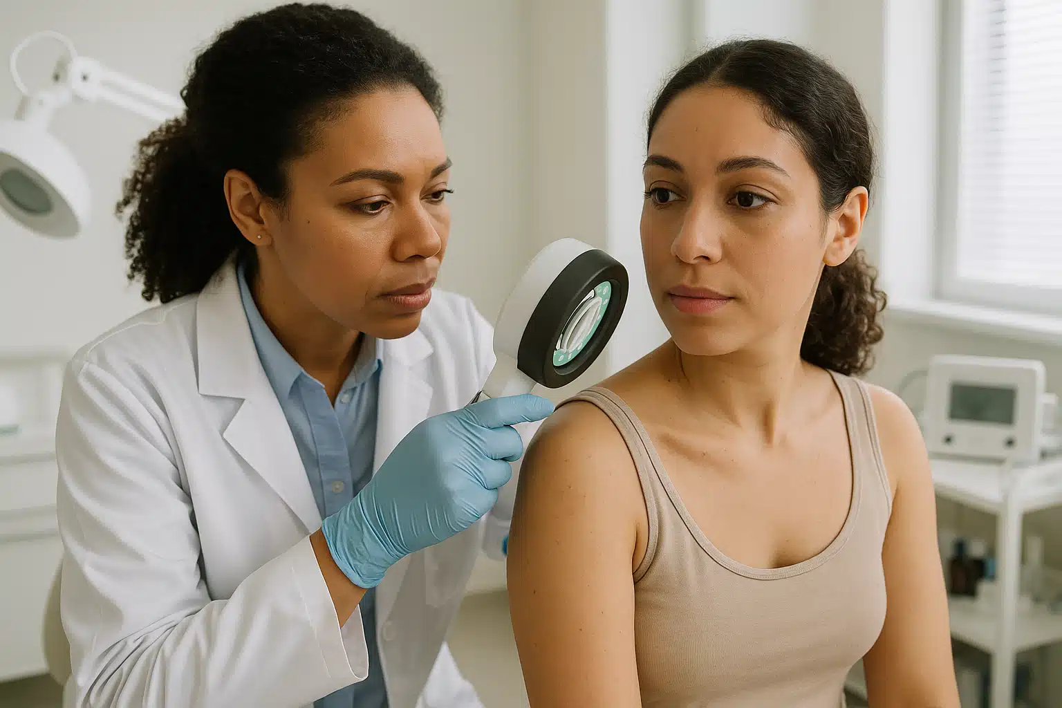 Professional dermatologist examining patient's skin with magnifying device in modern clinical setting, diverse patient and healthcare provider, bright medical office with examination equipment, trustworthy healthcare atmosphere