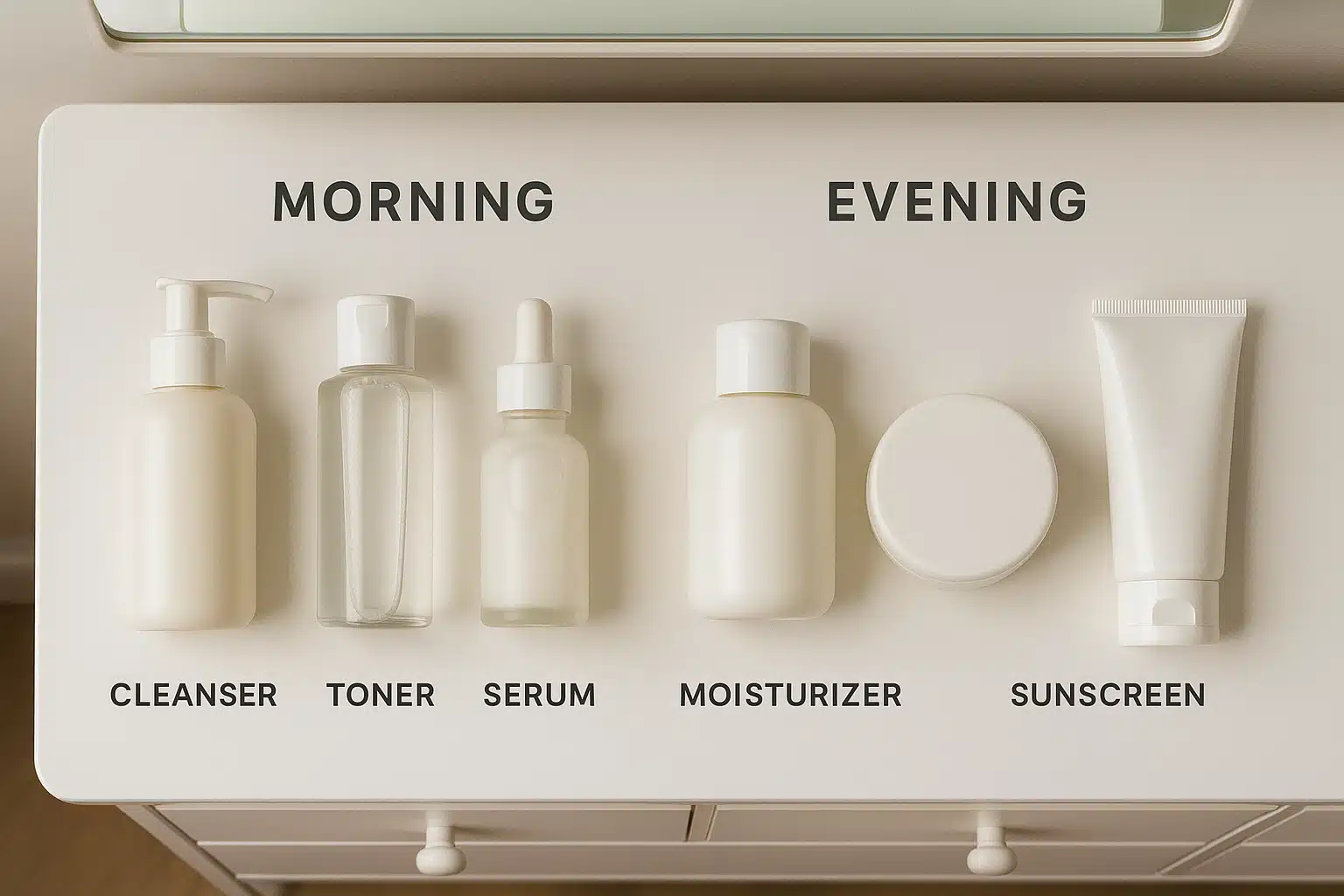 Organized skincare routine laid out in order on white vanity: cleanser, toner, serum, moisturizer, sunscreen, morning and evening sets separated, top-down flat lay photography