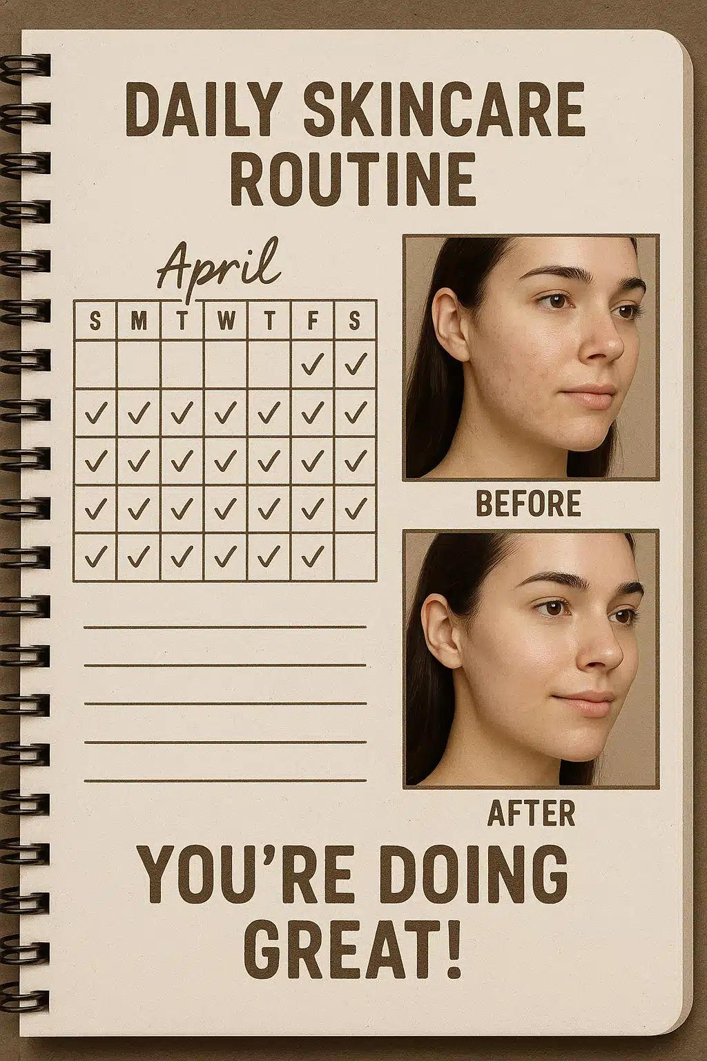 Calendar with daily skincare routine checkmarks, before and after comparison photos showing skin improvement over weeks, motivational skincare journal concept