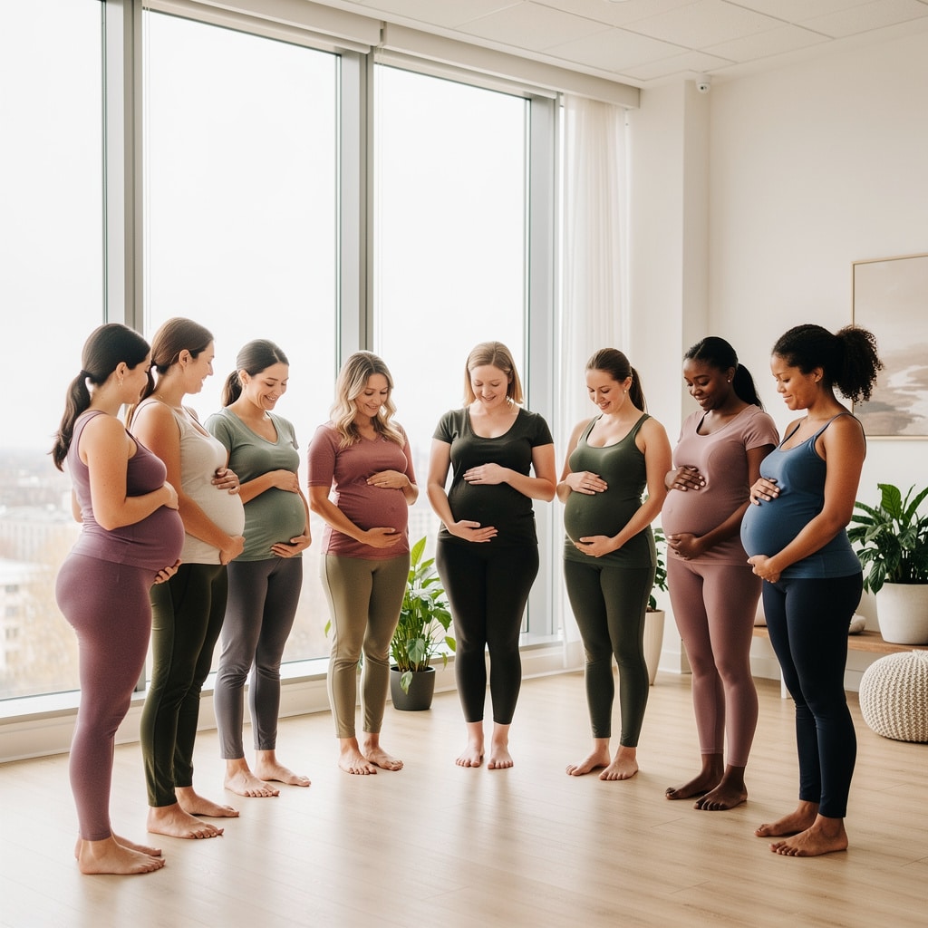 Group of pregnant women in comfortable clothing standing in a bright, modern wellness studio, gently holding their bellies, soft natural lighting, calm and supportive atmosphere