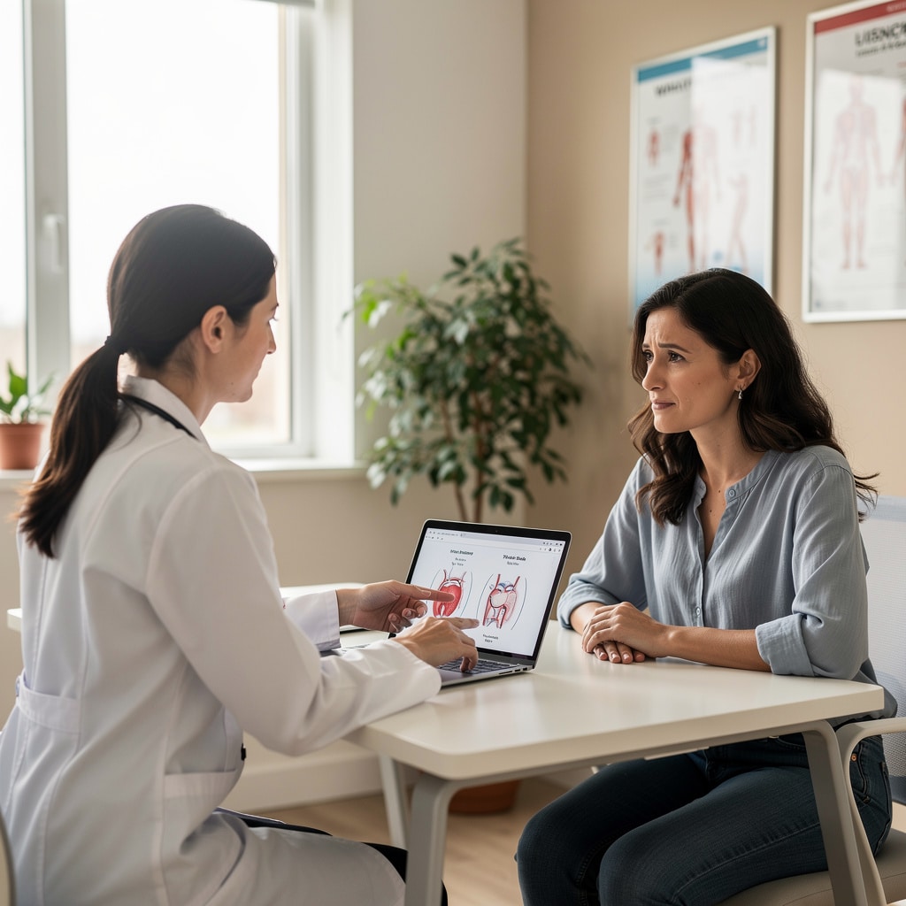 Medical consultation scene with a healthcare professional explaining treatment options to a patient, modern clinic interior, reassuring and professional atmosphere