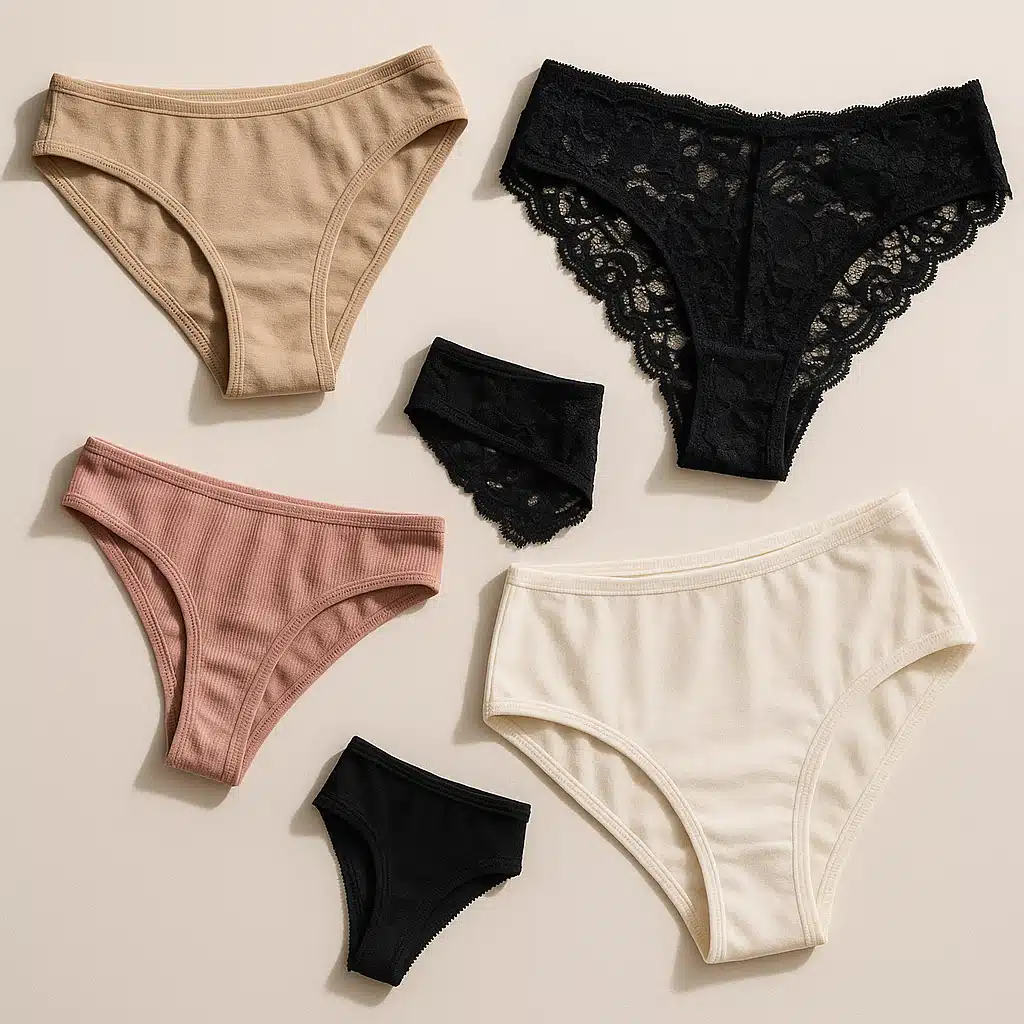 Flat lay arrangement of various women's underwear styles in different colors and fabrics on a neutral background, showcasing diversity in design and coverage, soft natural lighting, clean and modern aesthetic