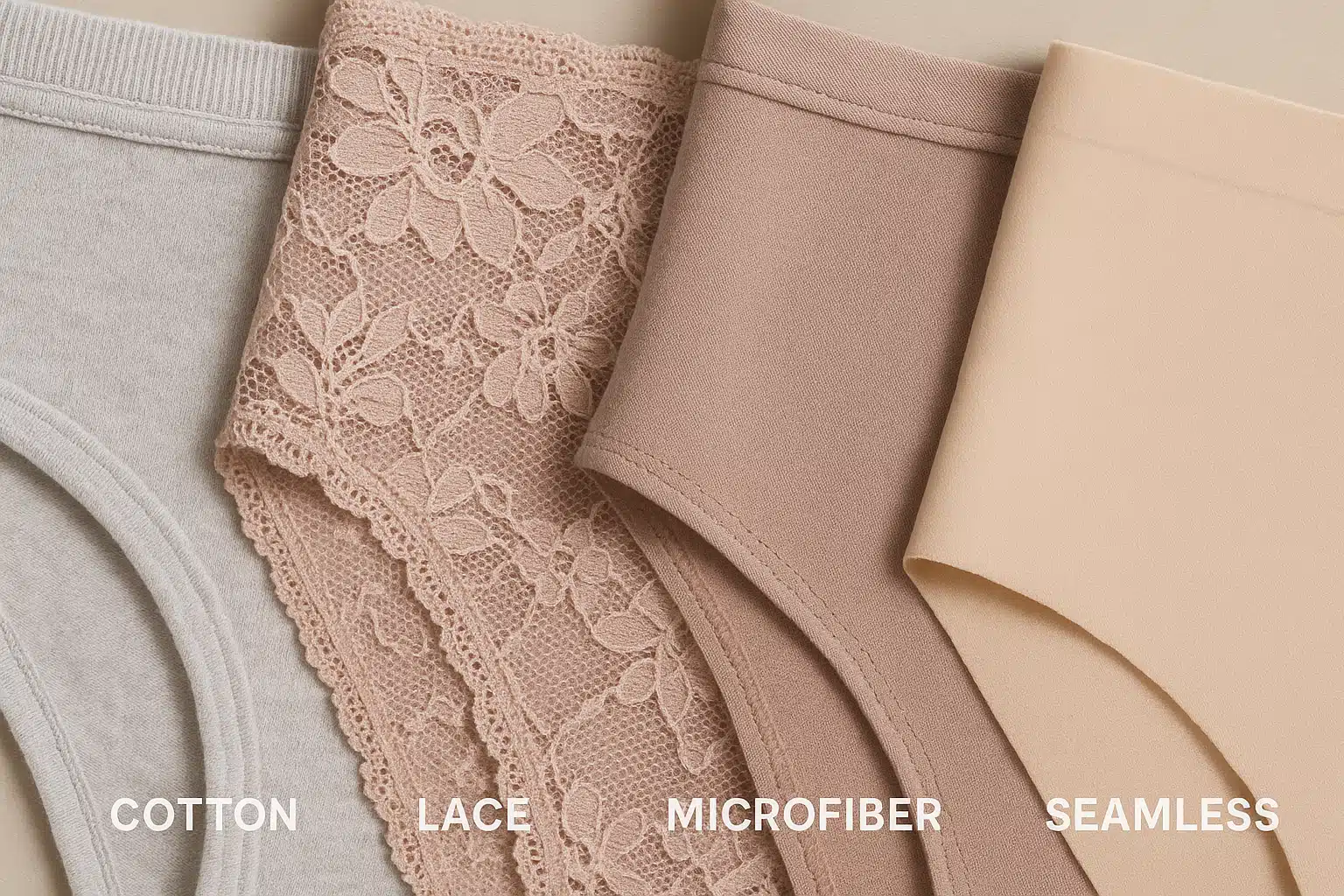 Close-up comparison of different underwear fabrics including cotton, lace, microfiber and seamless materials laid out side by side, textile texture detail, natural lighting, educational styling