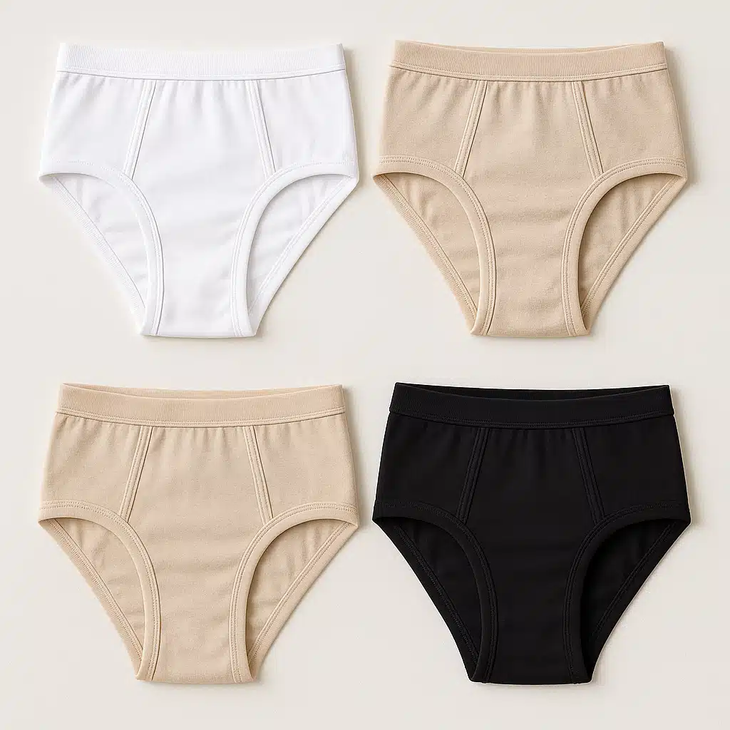 Collection of classic brief style underwear in neutral colors like white, beige and black, arranged neatly, showing full coverage design and comfortable elastic waistband, clean product photography style