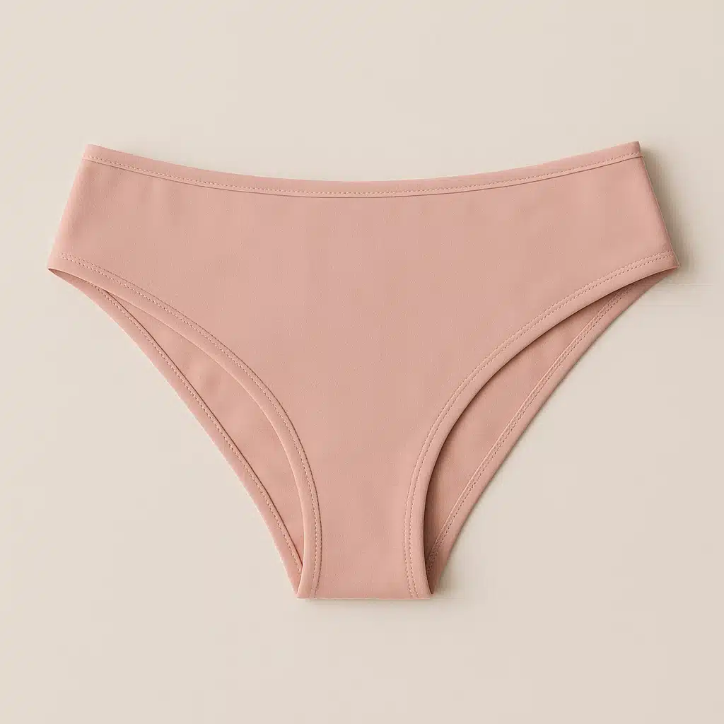 Brazilian style underwear shown from back angle highlighting moderate coverage and curved design, displayed on neutral background, soft feminine colors, clean commercial photography