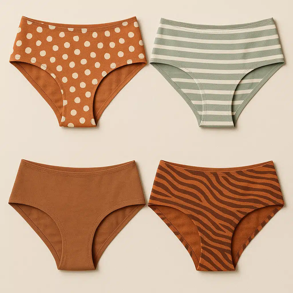 Hipster style underwear with low-rise waistband and full side coverage in trendy patterns and colors, flat lay arrangement showing the distinctive hip-sitting design, modern lifestyle photography