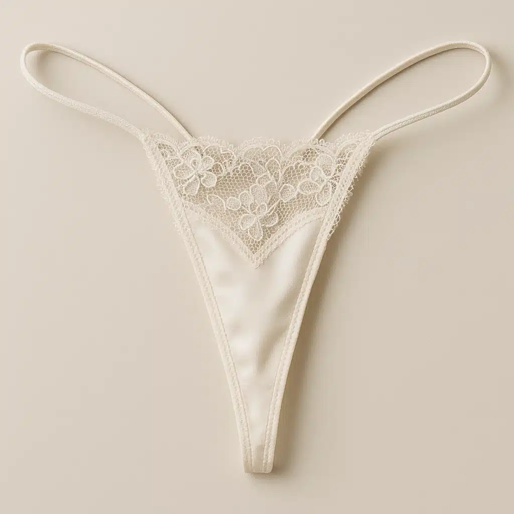 G-string underwear detail showing minimal triangular front panel and thin cord back design, delicate lace or silk materials, elegant presentation, intimate apparel photography style