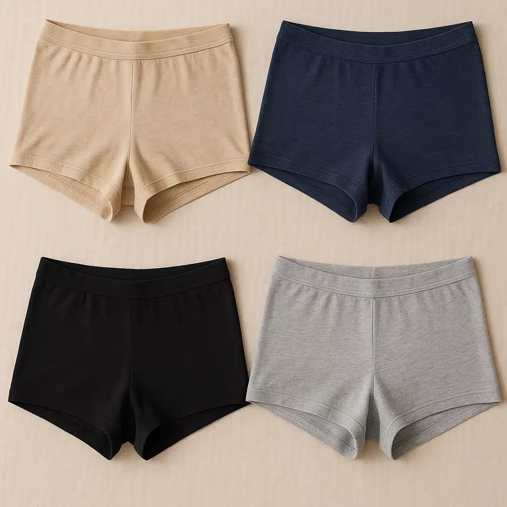 Boyshort style underwear with extended leg coverage resembling shorts, comfortable full coverage design in cotton fabric, shown in multiple colors, casual and comfortable aesthetic, lifestyle product photography