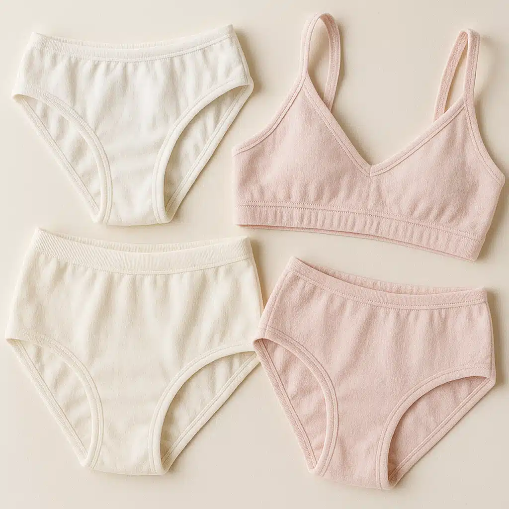 Collection of pure cotton underwear in various styles showing natural breathable fabric texture, white and pastel colors, emphasizing comfort and health benefits, clean natural product photography