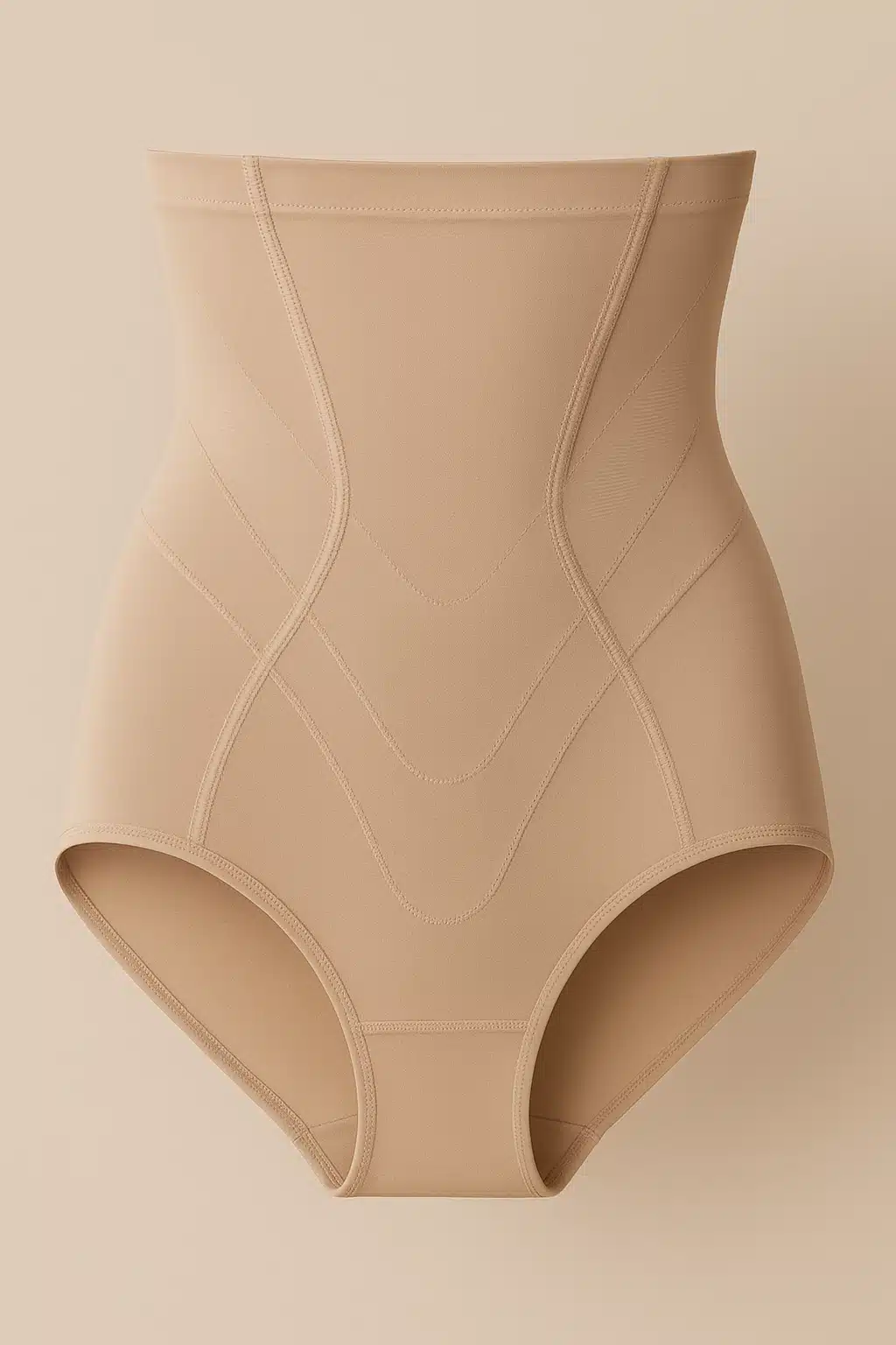 High-waisted control shapewear underwear showing compression panels and smoothing technology, neutral nude color, displayed to show shaping effect, professional intimate apparel photography
