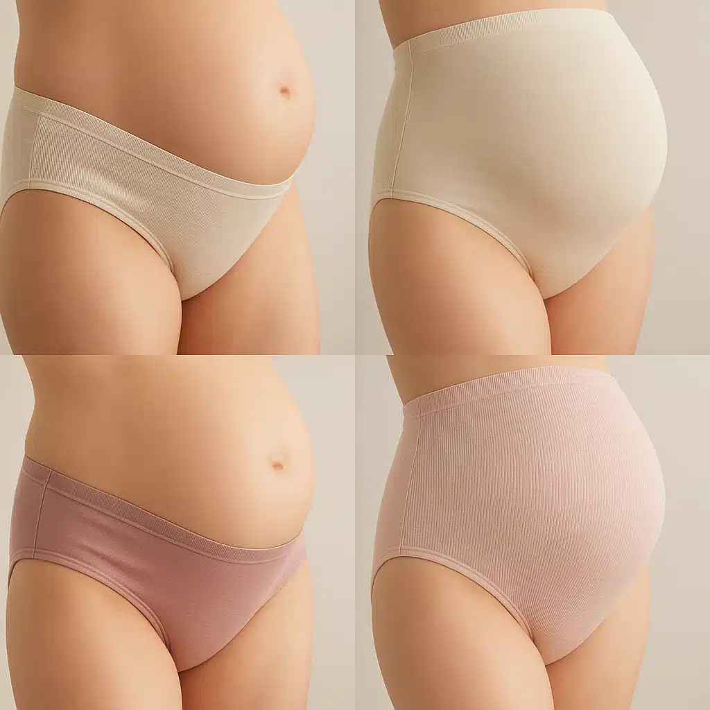 Maternity underwear collection showing both under-belly and over-belly styles, soft expandable fabrics, gentle elastic waistbands, displayed to show pregnant-friendly design features, caring and comfortable aesthetic