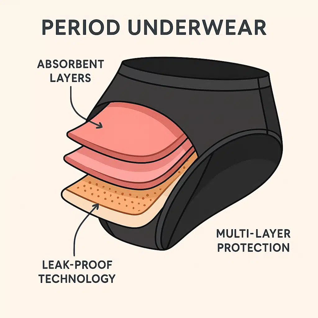 Period underwear cross-section diagram showing absorbent layers and leak-proof technology, educational illustration style with clean modern design, showing the multi-layer protection system