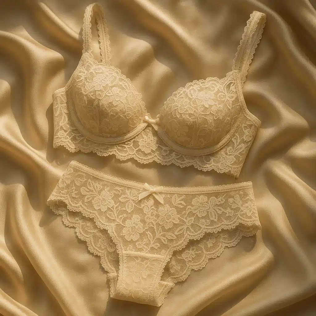 Elegant lace underwear in romantic styling with delicate floral patterns and feminine details, displayed on silk fabric background, soft romantic lighting, luxury intimate apparel photography