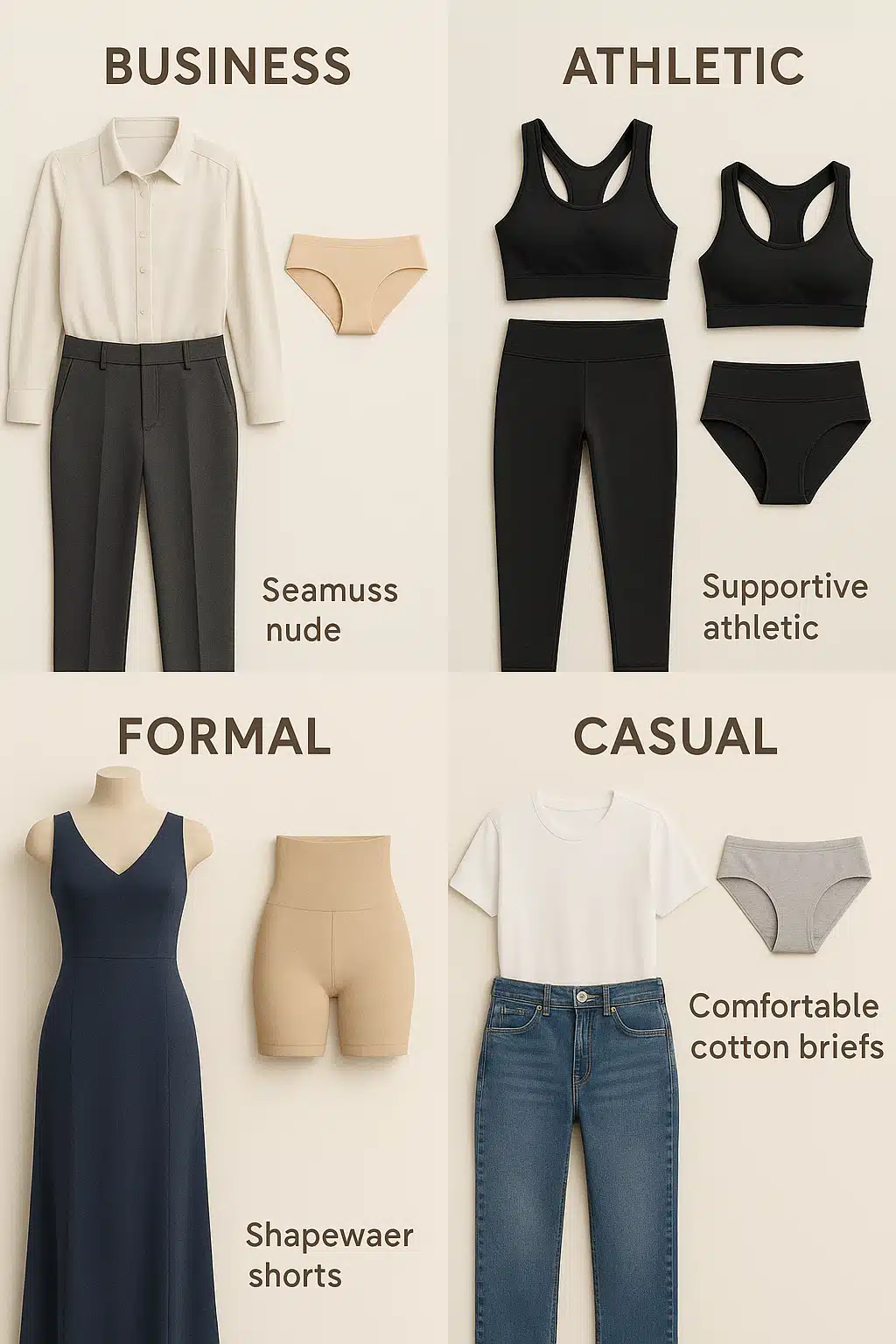 Split-screen comparison showing appropriate underwear choices for different outfits and activities including business wear, athletic clothing, formal dress and casual wear, educational styling guide aesthetic
