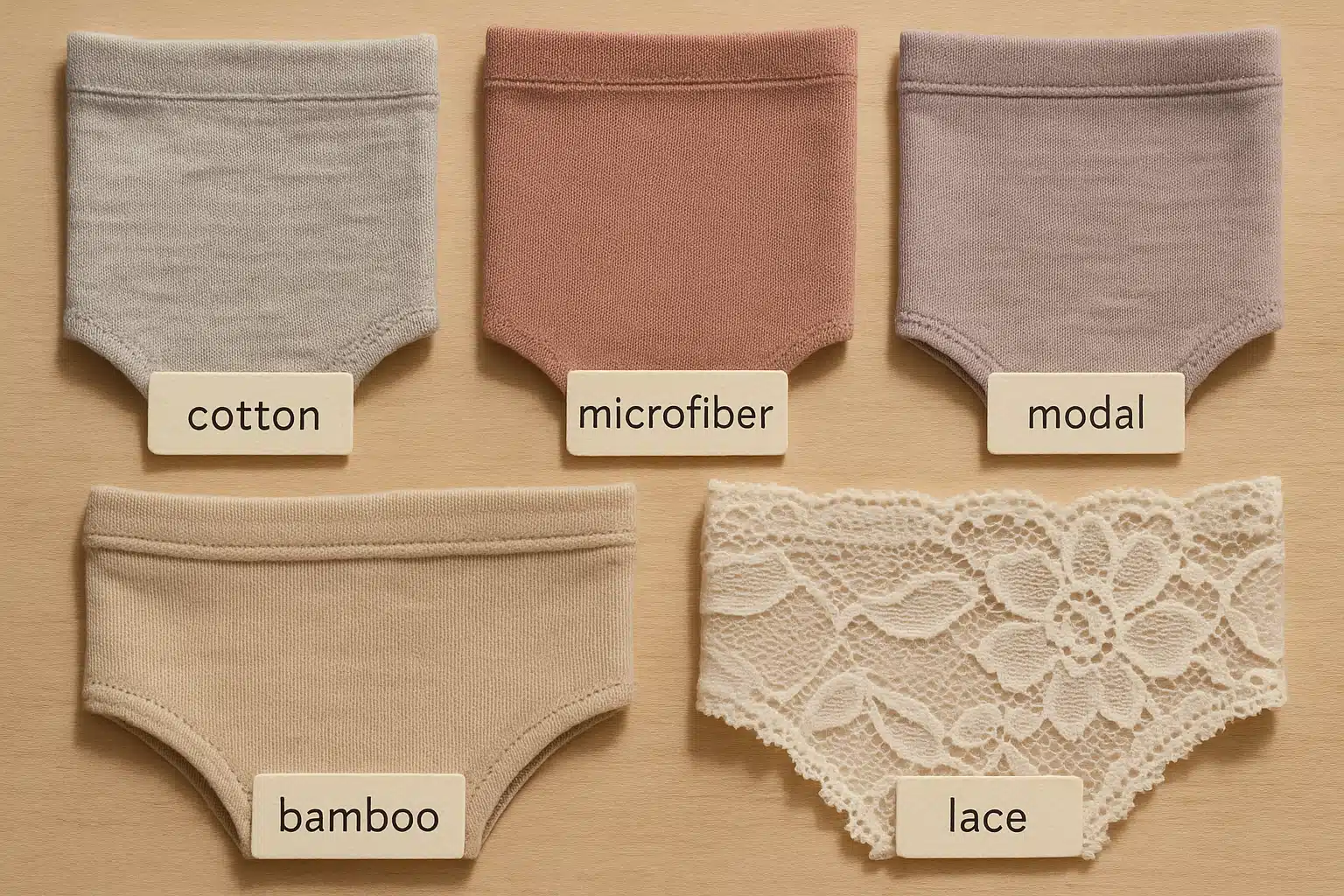 Various underwear fabric swatches labeled with fabric names including cotton, microfiber, modal, bamboo and lace, showing texture and weave differences, textile education photography style, natural lighting