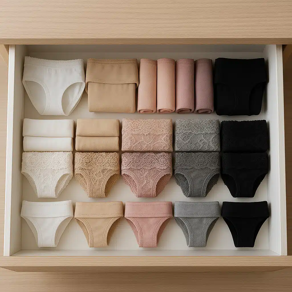 Organized drawer showing neatly folded and categorized underwear collection in various styles and colors, Marie Kondo style organization, home organization photography aesthetic, clean and tidy presentation
