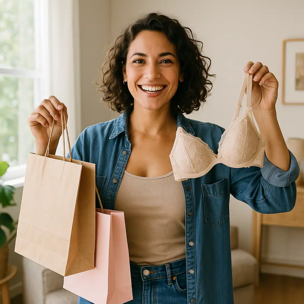 Happy confident woman in casual home setting holding shopping bags with new underwear purchases, natural lifestyle photography, positive and empowering mood, bright natural window lighting