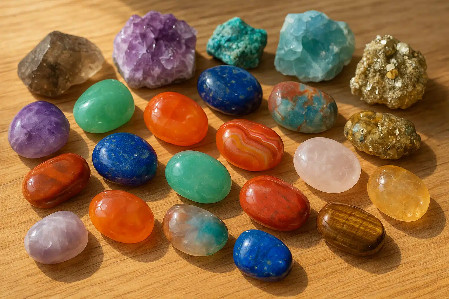 Close-up of colorful polished gemstones and raw mineral specimens displayed on natural wood surface, bright natural lighting, educational and inviting composition