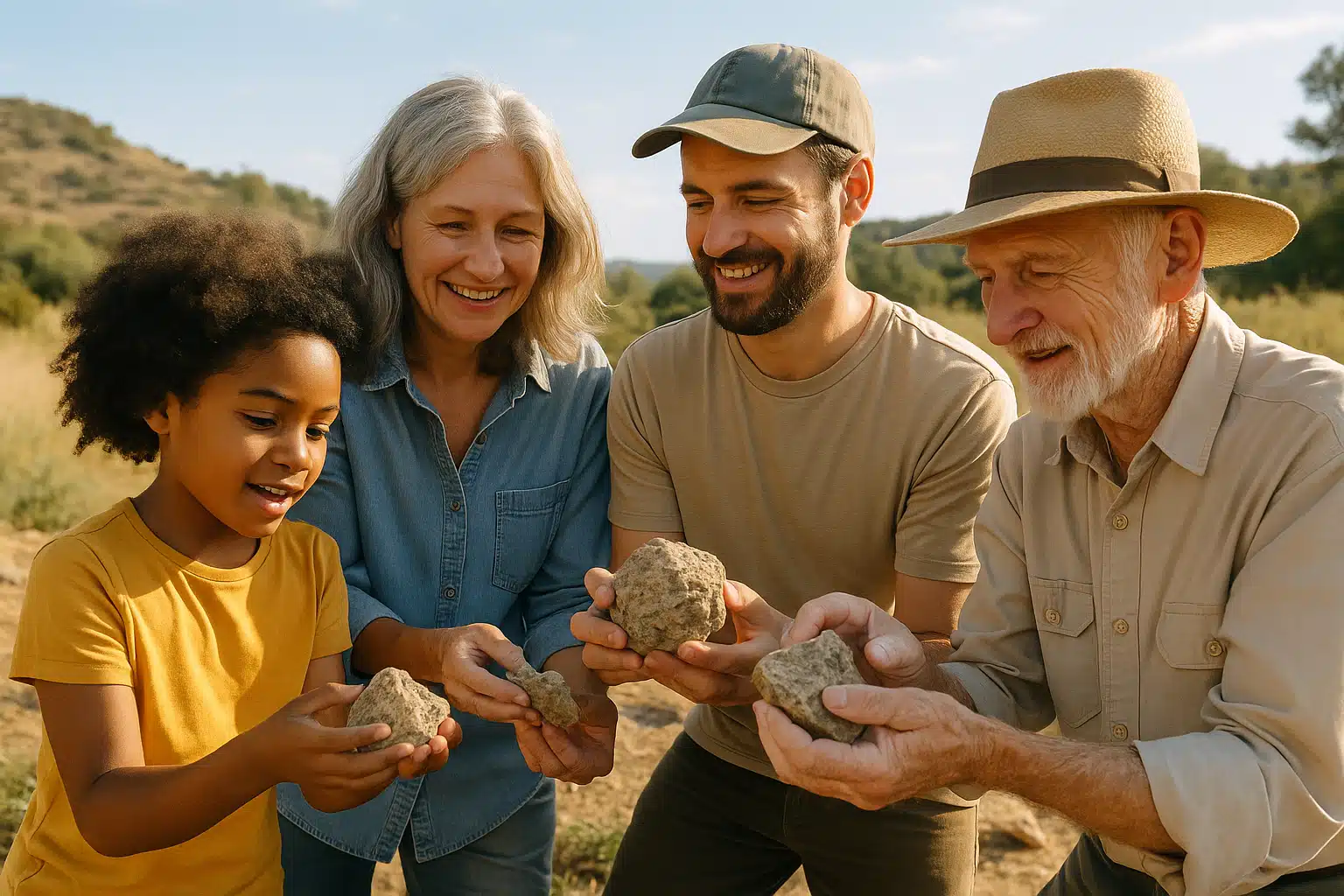 Diverse group of people of different ages examining rocks together outdoors in natural landscape setting, sunny day, community and learning atmosphere