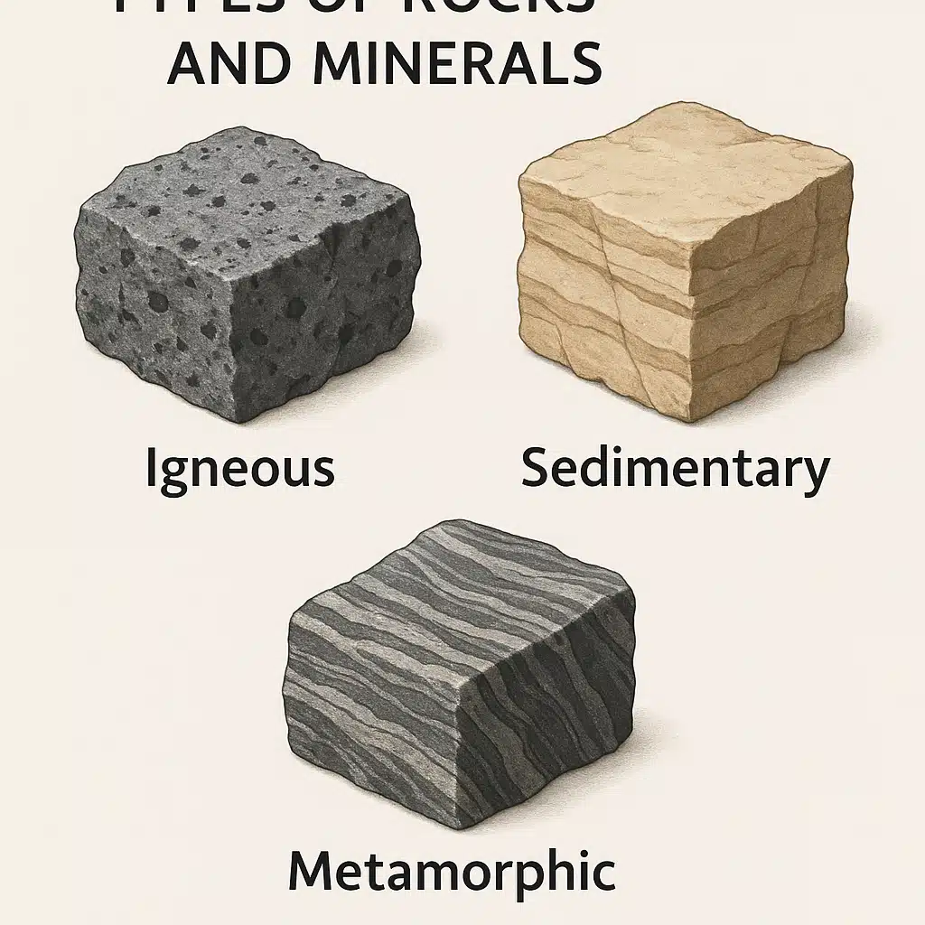 Educational infographic showing different types of rocks and minerals with labels, igneous sedimentary and metamorphic samples, clean professional scientific illustration style