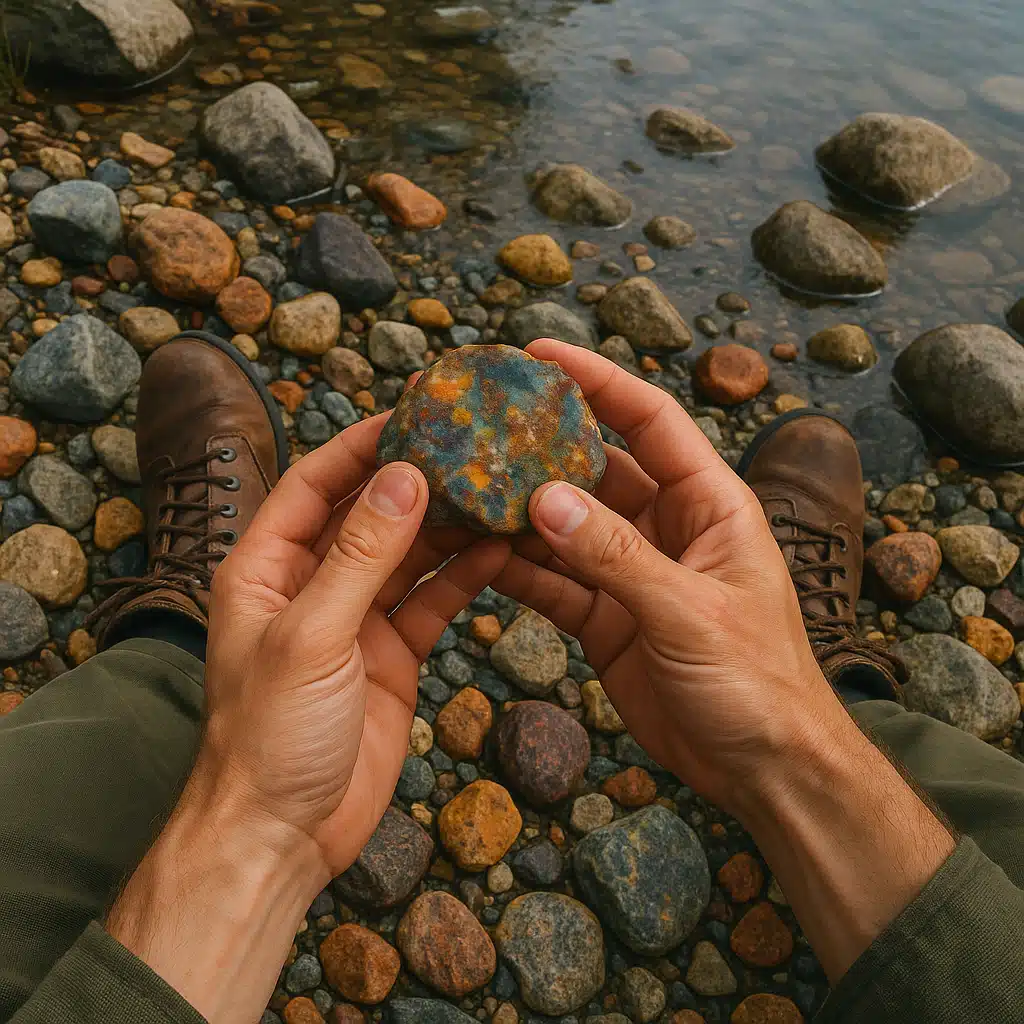 Person wearing hiking boots examining colorful rocks on rocky ground near water, outdoor natural setting, first-person perspective showing hands holding specimen
