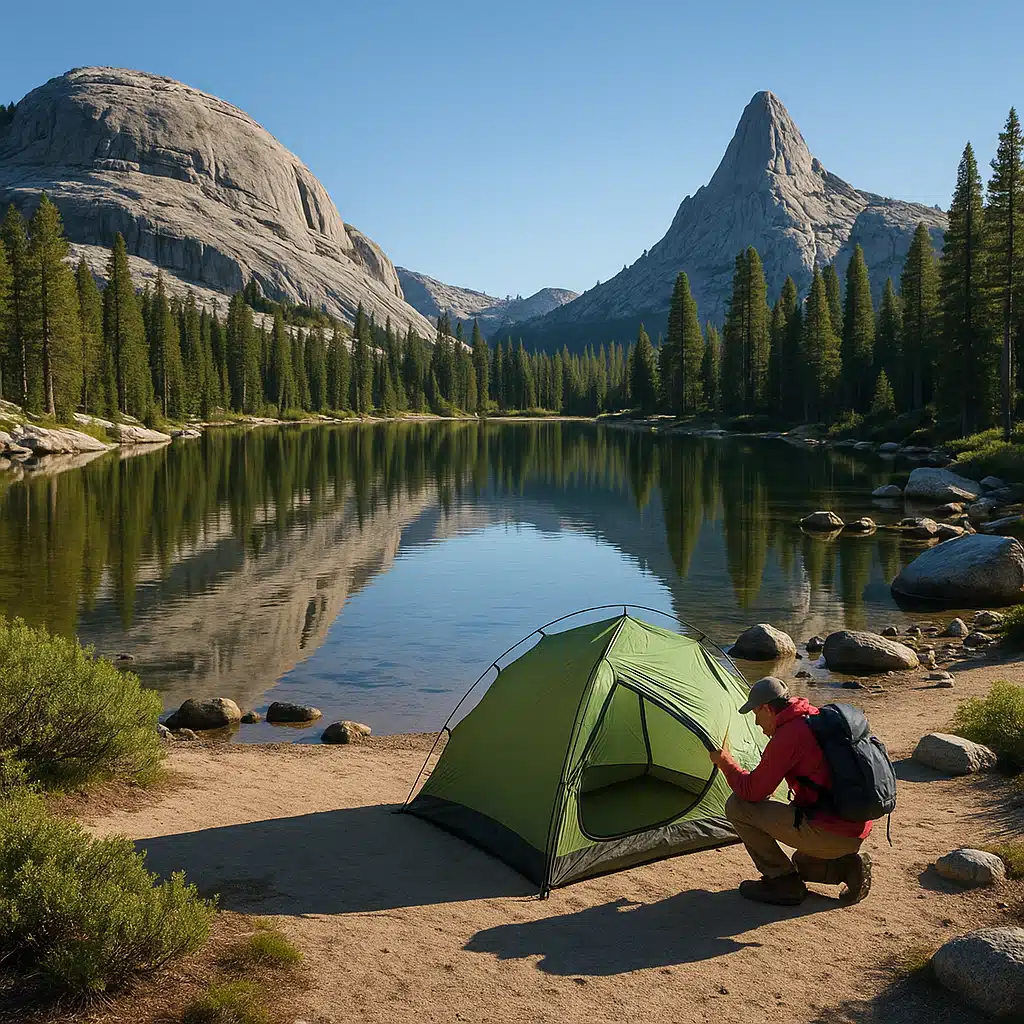Pristine natural landscape showing responsible outdoor recreation with minimal environmental impact, untouched geological formations, conservation and stewardship concept, wide angle view