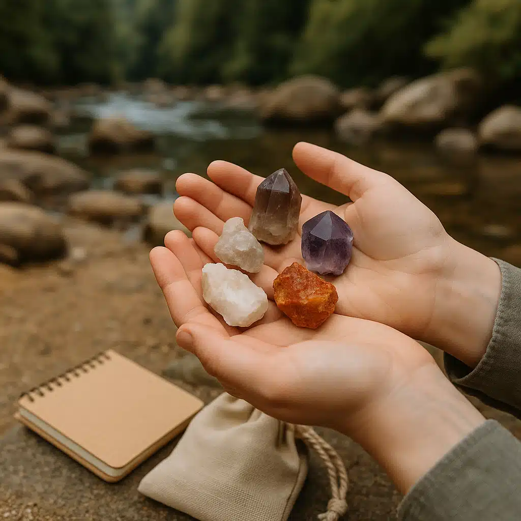 Beginner rockhound starting their collection, hands holding first specimens near natural outdoor location, notebook and small bag visible, encouraging and accessible composition