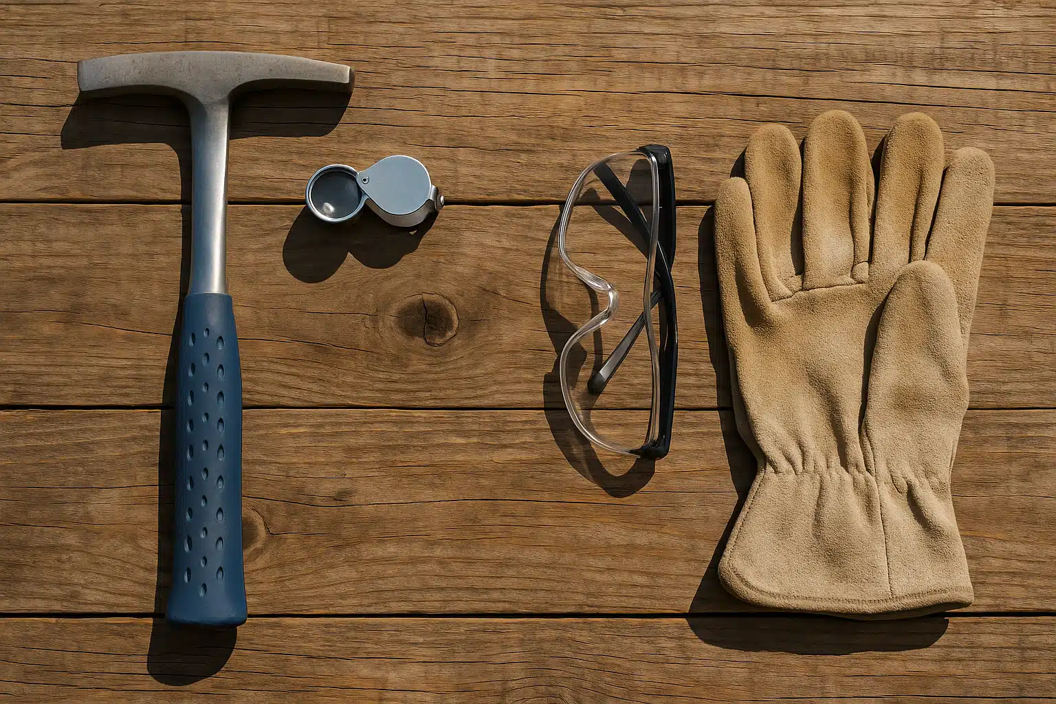 Collection of rockhounding tools laid out on a rustic wooden surface including geological hammer, magnifying loupe, safety goggles, and gloves, natural lighting, organized and professional presentation