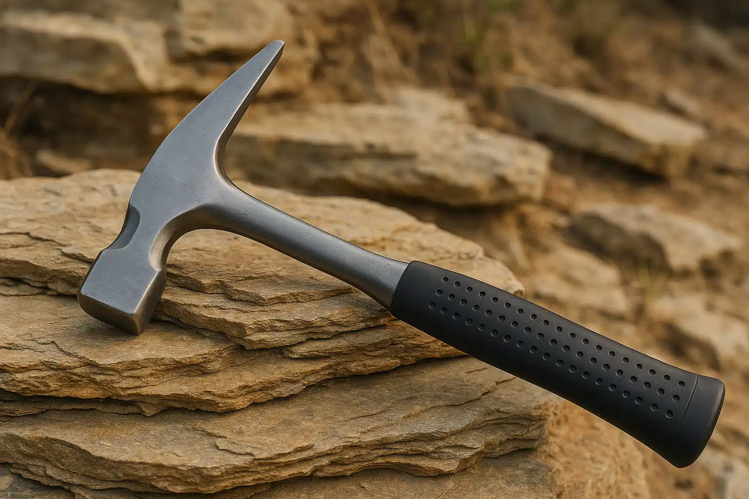 Close-up of a quality geological rock hammer with steel head and rubber grip handle resting on layered sedimentary rock, outdoor natural setting, sharp focus on tool details