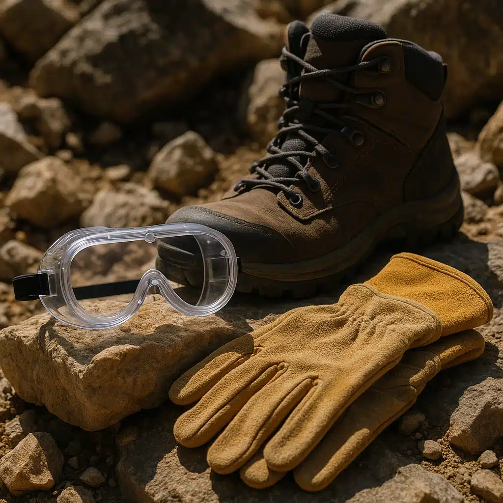 Safety equipment for rockhounding including protective goggles, heavy-duty work gloves, and sturdy hiking boots arranged on outdoor rocky terrain, bright natural daylight, emphasis on protection and durability