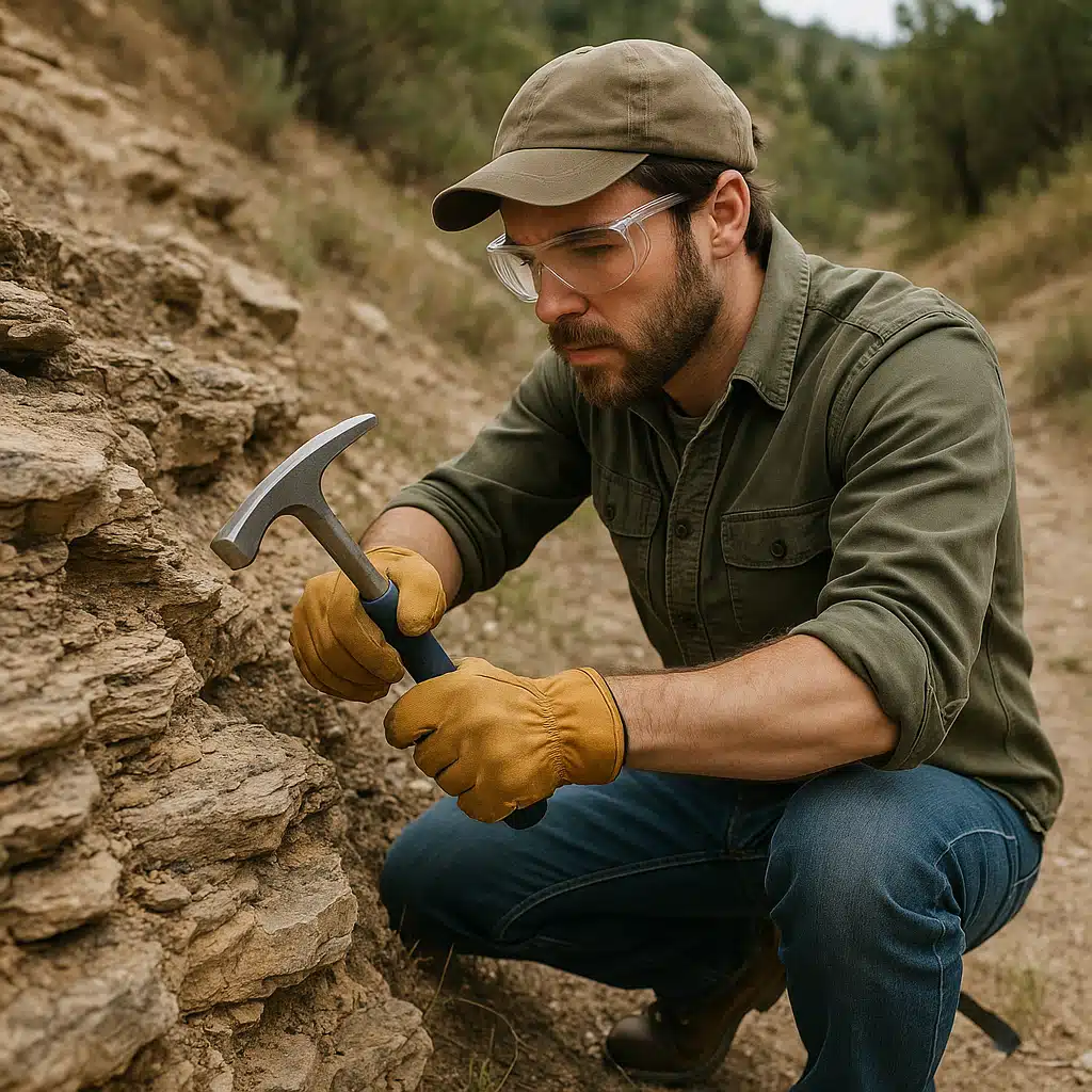 Rockhound in outdoor setting using geological hammer on rock formation, wearing safety goggles and gloves, backpack nearby, natural wilderness environment with exposed rock layers, action shot showing proper technique
