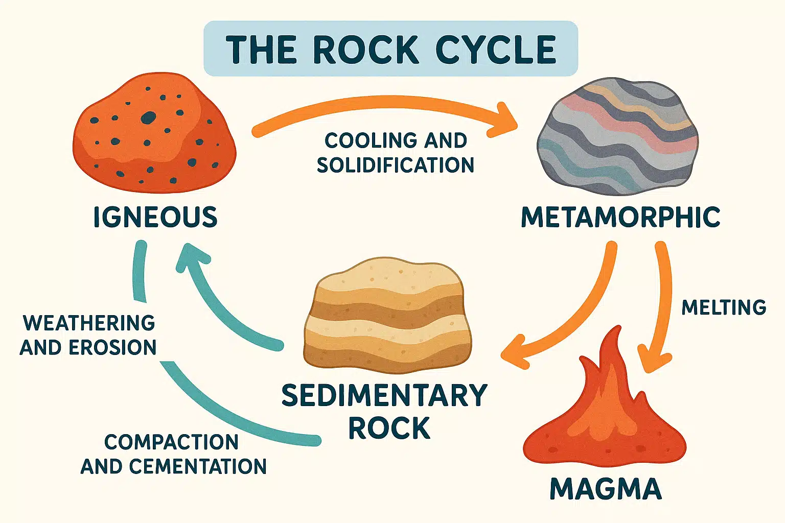 A colorful educational diagram showing the rock cycle with arrows connecting igneous, sedimentary, and metamorphic rocks, clean scientific illustration style with labeled processes
