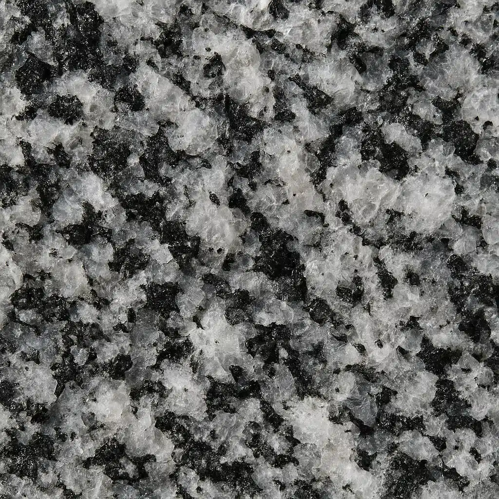 Close-up photograph of granite rock showing crystalline texture with visible mineral grains in black, white, and gray, sharp detail, natural lighting