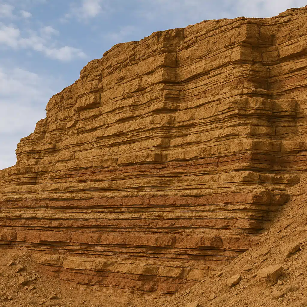 Layered sedimentary rock formation showing distinct horizontal strata in shades of tan, brown, and red, outdoor geological formation, natural daylight, educational perspective