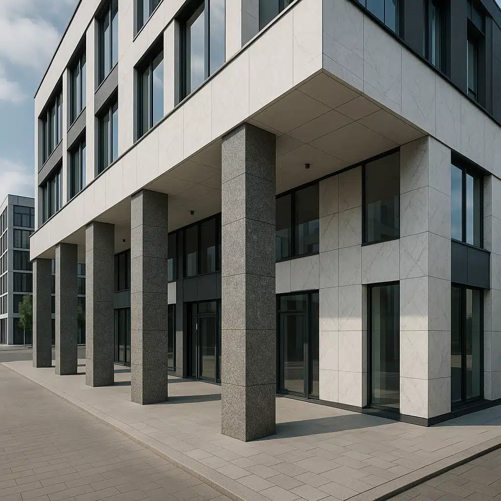 Modern architectural building featuring granite columns and marble facade, contemporary construction, urban setting, professional architectural photography, daytime