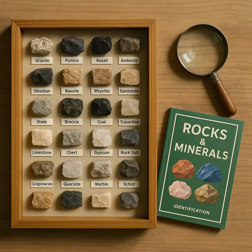 Organized collection of labeled rock specimens in a wooden display case with magnifying glass and identification guide book, educational setup, natural lighting, overhead view
