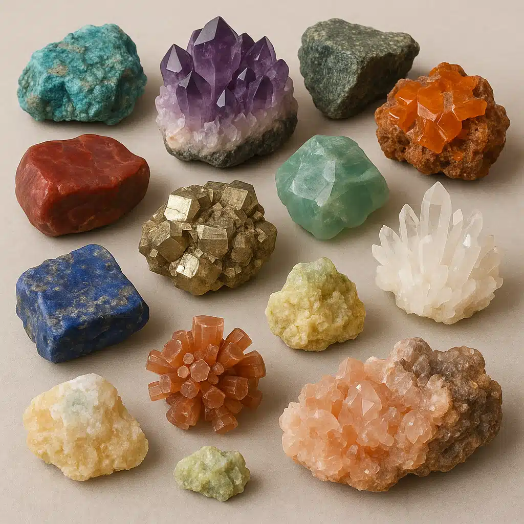 Collection of various colorful minerals and rocks arranged on a neutral surface, showing different textures and formations, natural lighting, educational and scientific presentation