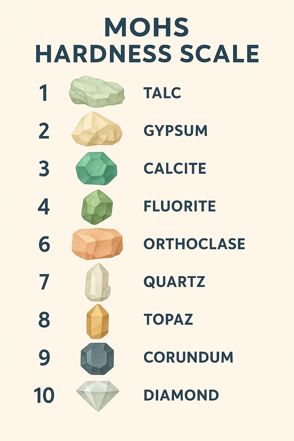 Infographic style illustration of the Mohs Hardness Scale showing minerals from 1 to 10 with clear labels, clean design, educational poster aesthetic with professional typography