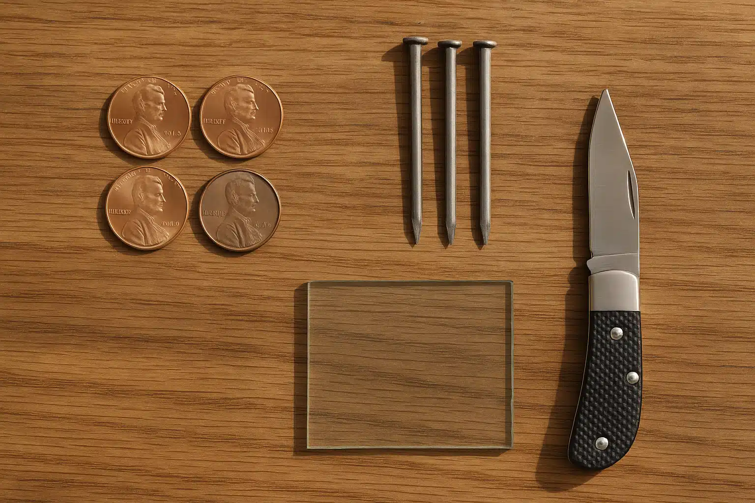 Flat lay arrangement of common hardness testing tools including copper coins, steel nails, glass piece, and pocket knife on wooden surface, natural daylight, practical and accessible composition