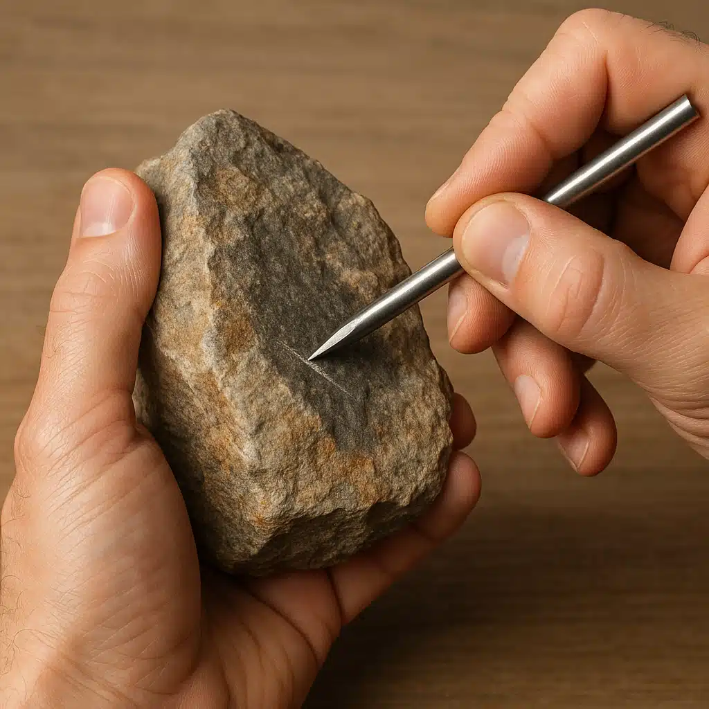 Close-up hands performing mineral scratch test with steel tool on rock specimen, detailed view showing proper technique, good lighting highlighting the testing surface, educational demonstration style