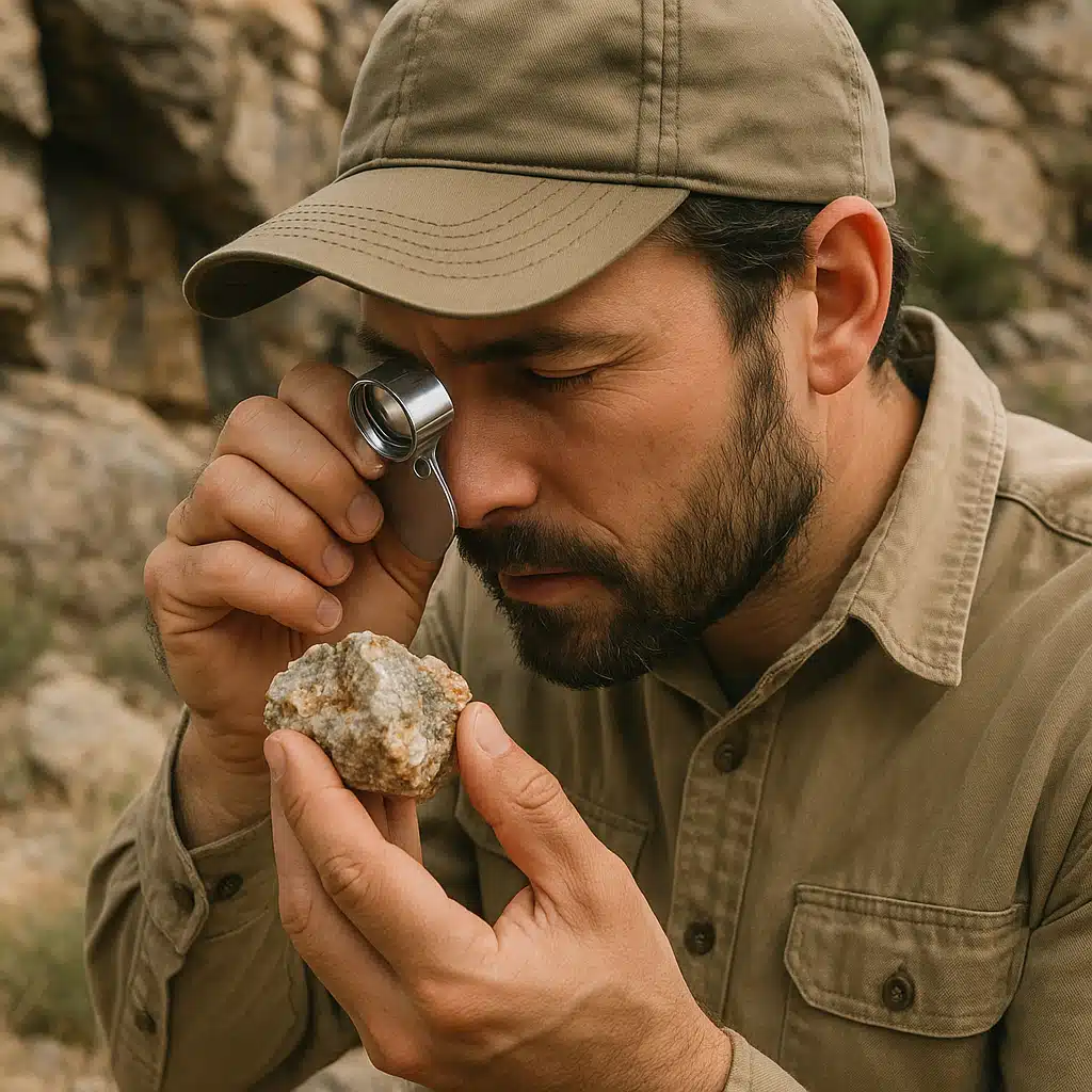 Geologist using magnifying hand lens to examine mineral specimen closely, outdoor natural setting with rock formations in background, professional fieldwork atmosphere, clear focus on examination technique