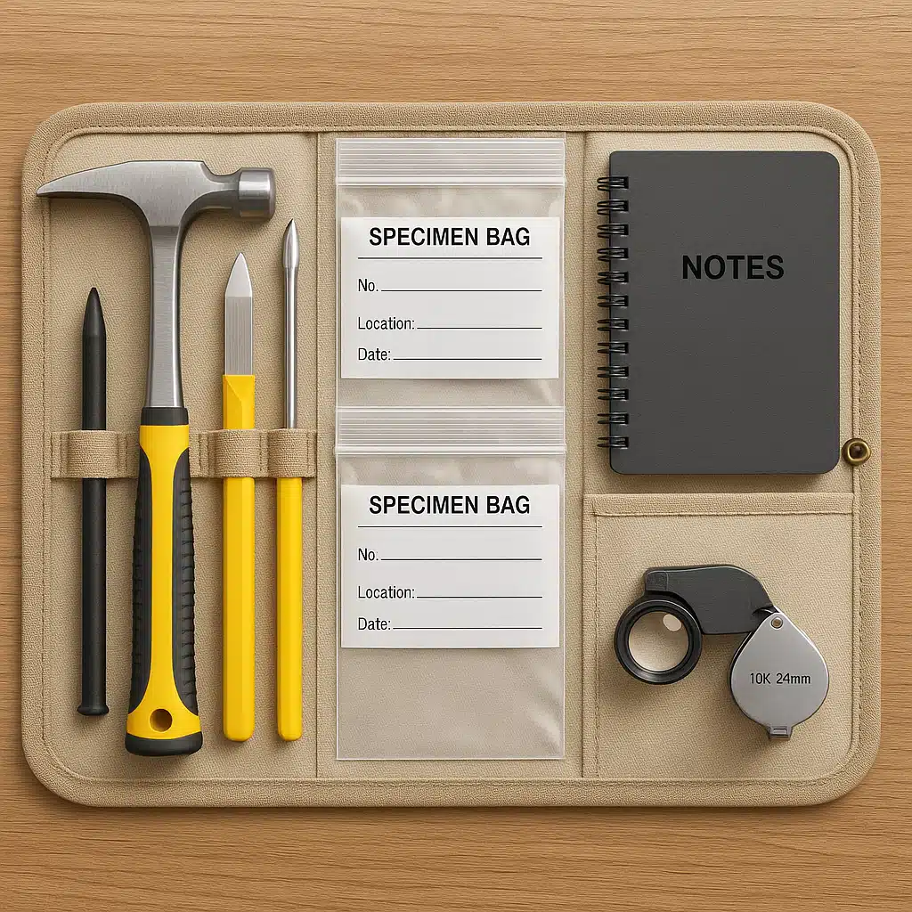 Compact geology field kit laid out showing organized collection of testing tools, specimen bags, notebook, and magnifier in portable canvas case, professional and well-organized appearance