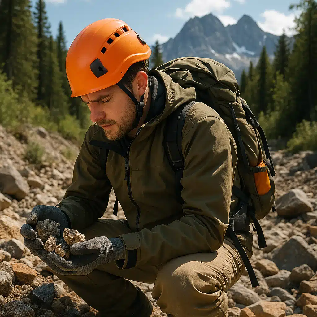 Person wearing outdoor gear examining rocks and minerals in a natural wilderness setting, with backpack and safety equipment visible, bright daylight with mountains in background