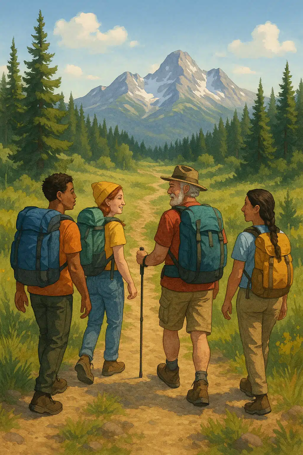 Diverse hikers walking on a scenic natural trail through wilderness landscape, with mountains and forest in background, bright natural lighting, educational and welcoming atmosphere